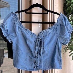 Lace Up Chambray Off the Shoulder Denim Smocked Crop